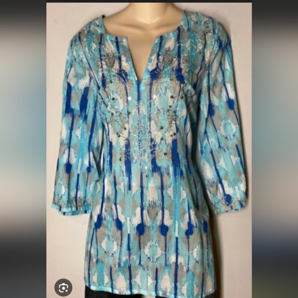 INC Blue & White Embellished Tunic Top.Pit To Pit 19" Length 27" - Picture 1 of 7